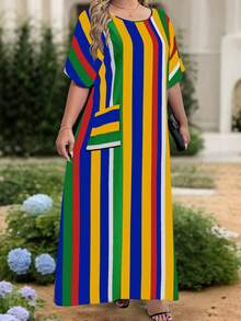 EMERY ROSE Plus Size Women Casual Striped Round Neck Pocket 3/4 Sleeve Dress, Suitable For Vacation - Multicolor - View 4