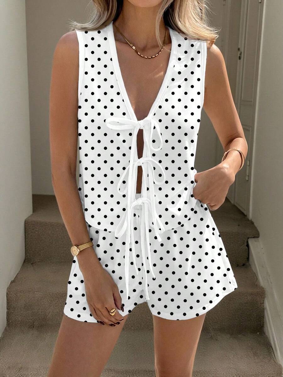 Easowa 2pcs Women Polka Dot Print Camisole Top And Shorts Set, Suitable For Spring/Summer,Spring And Summer , Black And White Pocardi Polka Dot Spring,Casual - Multicolor - View 1