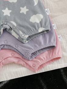 SHEIN 3件套新生女宝宝夏季可爱卡通图案针织连体衣套装，可爱云朵、星星、月亮印花，新生儿休闲短袖连体衣 - 彩色 - 查看 6