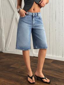 EURMUSE Quần short denim nữ thời trang, dáng casual, có túi xéo, thích hợp cho mùa hè. - Rửa trung bình - Xem 3