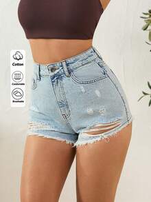 EURMUSE Quần short denim nữ cạp cao, có túi, rách gấu, kiểu dáng thường ngày. - Rửa nhẹ - Xem 3