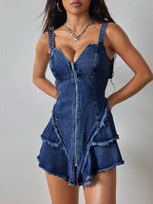 SHEIN ICON Women's Zipper Front Patchwork Fringe Sexy Denim Cami Dress - Dark Wash - View 3