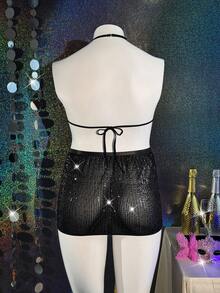 MidnightGlam Đầm lót gợi cảm cổ yếm màu trơn đính sequin khoét hở dành cho nữ cỡ lớn - màu đen - Xem 9
