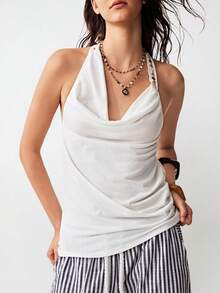 Bohemela 女士休闲纯色针织露背吊带背心 - 白色 - 查看 4