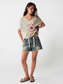 Bohemela 女士休闲针织拼接V领短袖宽松T恤 - 杏色 - 查看 8