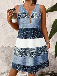 SHEIN PETITE CURVE Petite Series Plus Size Women's V-Neck Straight Geometric Striped Print Casual Dress, Slimming, Spring/Summer - Multicolor - View 1