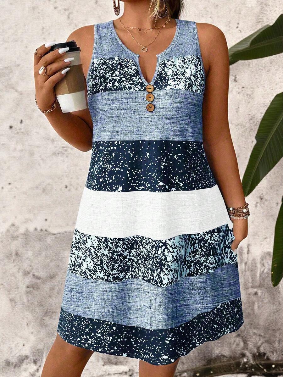 SHEIN PETITE CURVE Petite Series Plus Size Women's V-Neck Straight Geometric Striped Print Casual Dress, Slimming, Spring/Summer - Multicolor - View 1