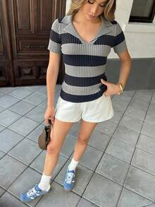 Pariaura Contrast Stripe Polo Collar Knit Top, French Street Style, Short Sleeve Summer Blouse - Dark Grey - View 5
