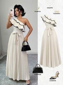 Elenzga 女士杏色撞色黑色系带腰部荷叶边露肩中长连衣裙，优雅的A字腰带设计，高品质精致风格，适合生日、约会、派对、工作、上学、度假、春夏等场合。 - 杏色 - 查看 5