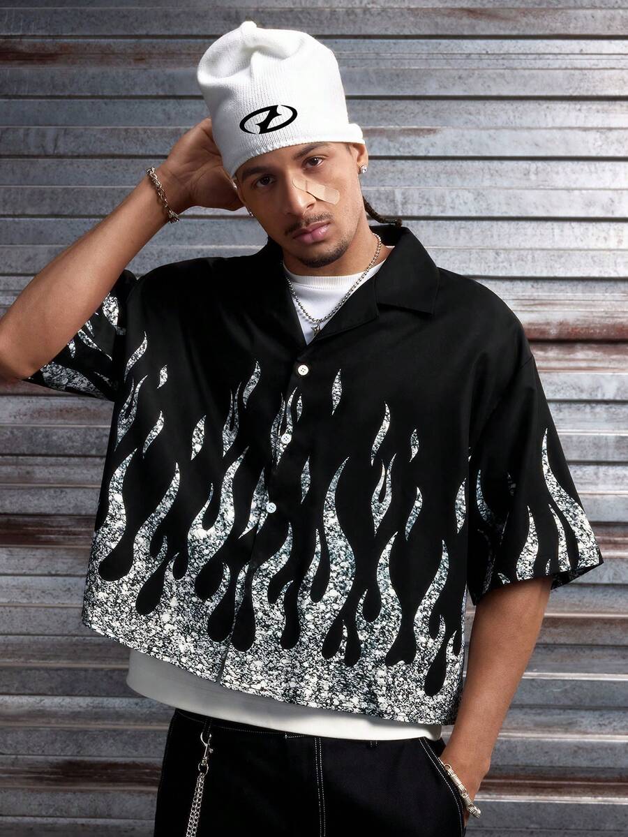AXEPEAK Men's Front Button Short Sleeve Dropped Shoulder Casual Loose Flame Pattern Shirt - Black - View 1