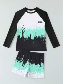 Boys' Long Sleeve Patchwork Swimsuit + Swim Trunks 2-Piece Swimwear Set - Multicolor - View 6