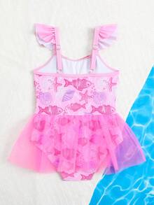 Young Girl Summer Vacation Beach Fish Print Ruffle Mesh One-Piece Swimsuit - Pink - View 2