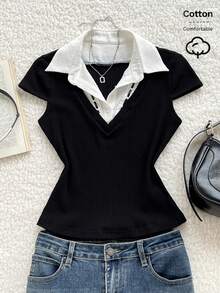 Elamini Top de punto de manga corta con cuello en V en contraste de blanco y negro - Blanco y Negro - Ver 1