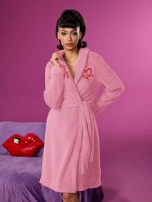 Betty Boop x SHEIN Women's Autumn/Winter Heart & Figure Embroidered Plush Robe - Pink - View 2
