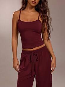 SHEIN Forever 21 休闲度假宽松上衣和裤子套装 - 酒紅色 - 查看 7