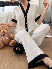 Dream Adore 2pcs Women Contrast Color Collar Top & Pleated Fabric Cardigan And Pants Pajama Set - Apricot - View 1