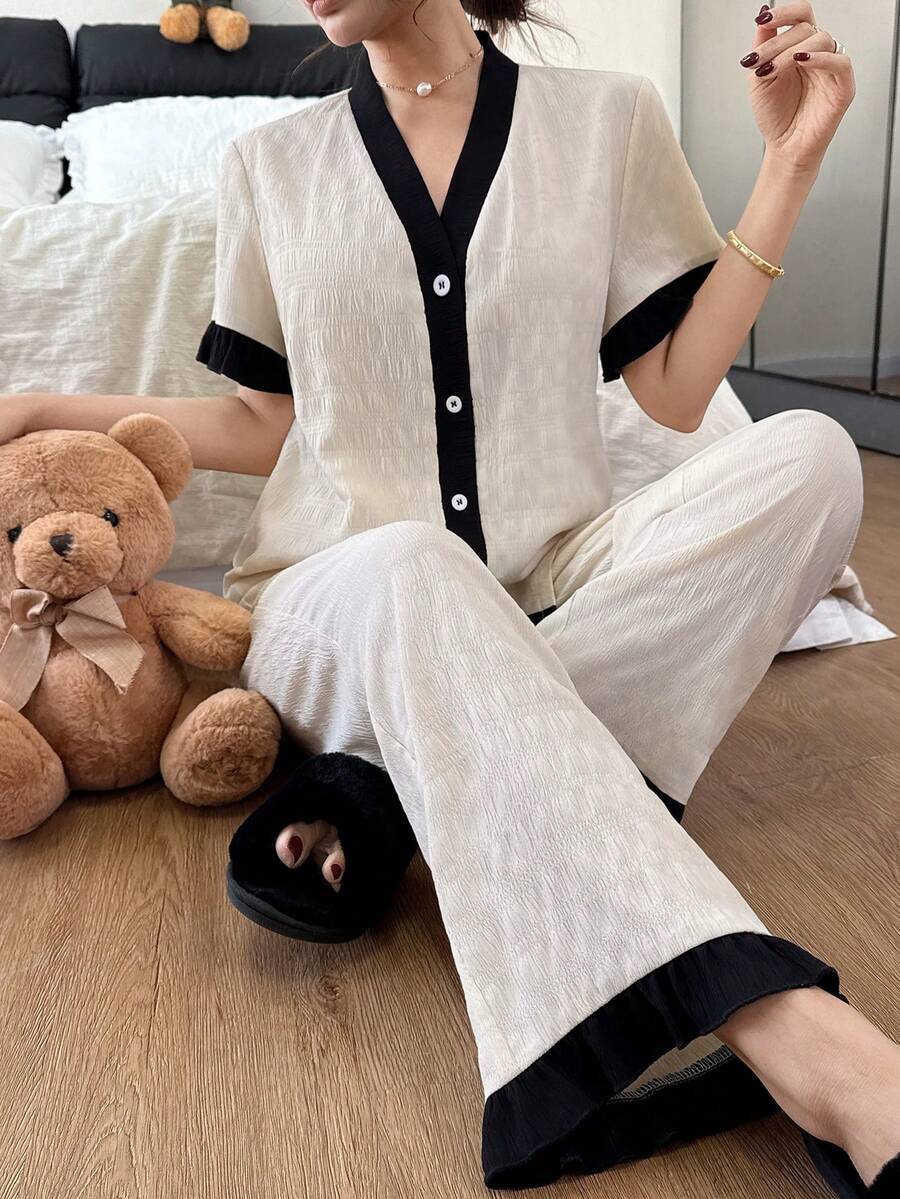 Dream Adore 2pcs Women Contrast Color Collar Top & Pleated Fabric Cardigan And Pants Pajama Set - Apricot - View 1