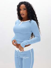 BABYPHAT 罗纹亨利领长袖修身短款上衣，饰有撞色滚边，休闲日常穿着舒适 - 淺藍色 - 查看 5