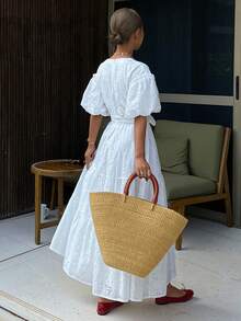 Livesso White V-Neck Tie Waist Hollow Out Puff Sleeve Midi Dress For Women, Spring - White - View 2