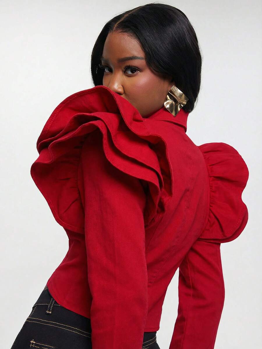 NYA SZN Destiny Jacket Cropped Seaming Long Sleeve Bolero Denim Ruffle Sleeve Stretch Dark Wash Office Business Casual Everyday Concert Western Special Event Party Elevated Raw Denim Classy Elegant Fall Winter Carnival Outfits For Women