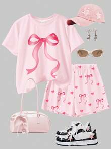 2pcs/Set Tween Girls' Casual Minimalist Heart & Bow Print Short Sleeve Round Neck T-Shirt And Shorts Set, Suitable For Spring/Summer Daily Wear, Home, School - Multicolor - View 3