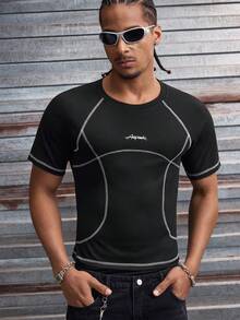 AXEPEAK 男士字母印花圆领插肩短袖修身T恤 - 黑色 - 查看 5