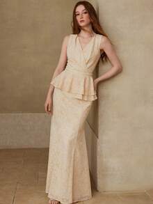 MOTF PREMIUM WOMEN'S ELEGANT ROMANTIC PEPLUM WAIST MAXI MERMAID DRESS, SPRING/SUMMER - Light Yellow - View 6