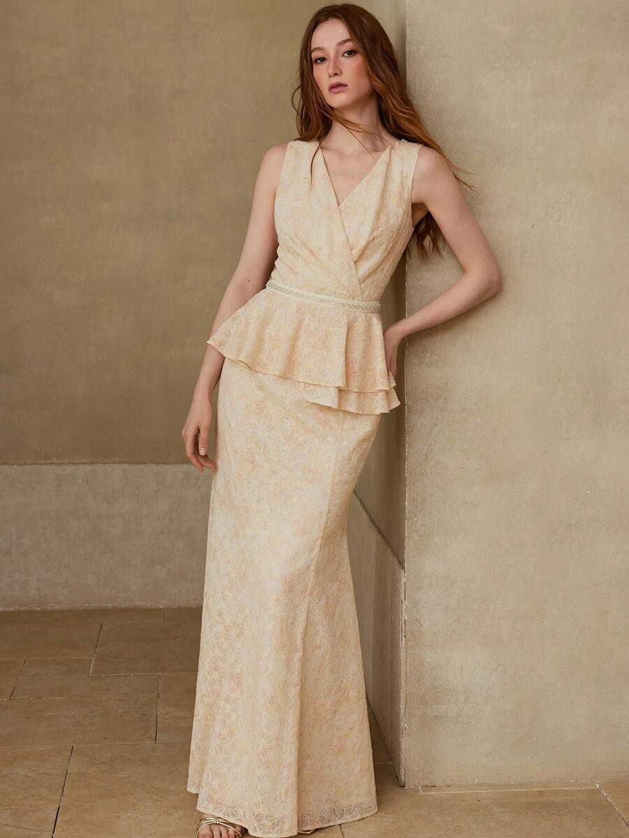 MOTF PREMIUM WOMEN'S ELEGANT ROMANTIC PEPLUM WAIST MAXI MERMAID DRESS, SPRING/SUMMER - Light Yellow - View 1