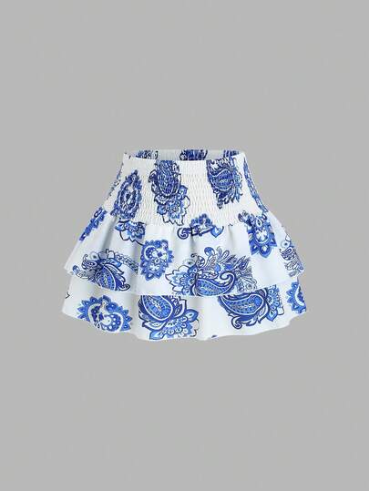 Sweetra Women's Vintage Elegant Floral Print Elastic Waist Ruffle Hem Mini Skirt, Differentiated Vacation Blue And White Beach Outfit Skirt