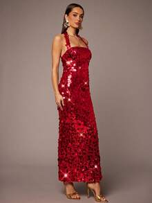 Silquee Đầm dạ hội thanh lịch, lấp lánh, ôm sát, có dây đeo đính sequin. - Đỏ - Xem 7