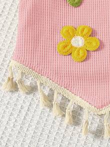 SHEIN Genkimix Kids Bộ 2 món đồ mùa hè cho bé gái: Áo hai dây thêu 3D sáng tạo với viền ren và quần dài kiểu dáng thường ngày. - Hồng - Xem 5