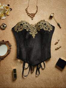 PinupPomp 优雅刺绣蕾丝拼接胸衣上衣，性感裹胸后背系带紧身胸衣 - 黑色 - 查看 7