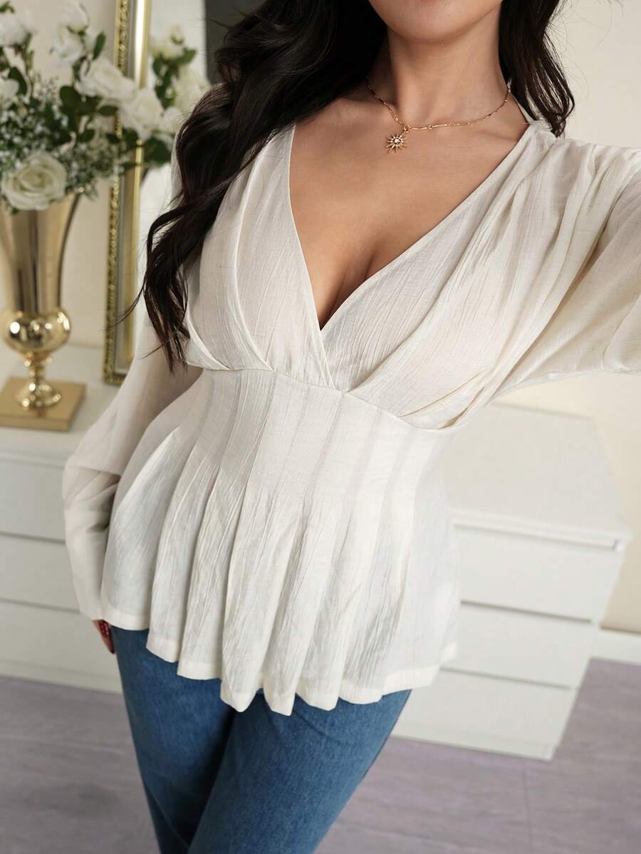 Modelyn 春夏秋冬情人节假期狂欢节婚礼嘉年华服装海滩优雅派对婚礼宾客夏季春季情人节深V领上衣白色上衣 - 杏色 - 查看 1