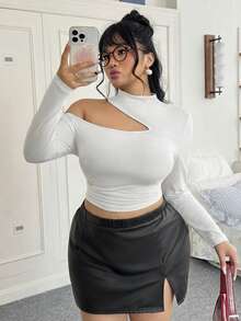 CovetEZ 大码镂空露肩优雅长袖T恤，秋冬款 - 白色 - 查看 6