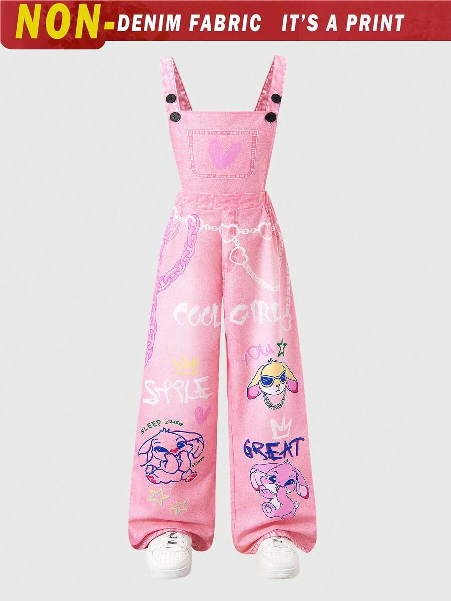 SHEIN Bộ yếm dệt kim in hình ngôi sao cho bé gái tuổi teen, thời trang cho mùa tựu trường, trang phục cá tính, phù hợp cho mùa xuân, hè và thu. - Hồng - Xem 1