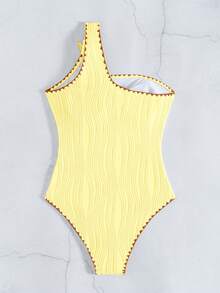 SHEIN Swim Vcay 女士性感连体泳衣，贝壳和海星装饰，修身沙滩度假泳装 - 黃色 - 查看 4