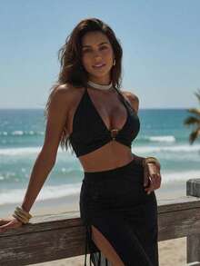 SHEIN Swim Solid Halter Top And Split Skirt Cover Up Summer - Black - View 2