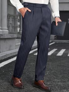 Manfinity Bizformal 男士条纹纽扣休闲百搭通勤商务裤 - 藏蓝色 - 查看 5