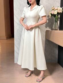 Modelyn New Korean Style Waist Gathered A-Line Dress, Wrinkle Texture Fabric, Elegant And Slimming - Apricot - View 4