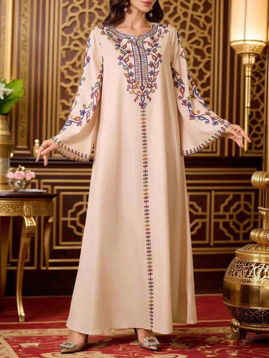 Al Najma Women's Floral Print V-Neck Long Sleeve Loose Arabic Style Dress Kaftan Jalabiya Dress - Apricot - View 1