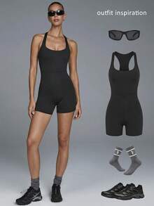 Menodora SHEIN Sport Bộ áo liền quần yoga cổ yếm hở lưng dành cho nữ - màu đen - Xem 8