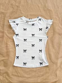 Soleia 女士蝴蝶结印花圆领短袖T恤 - 黑與白 - 查看 5