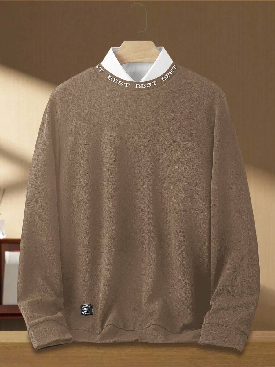 Manfinity VCAY 男士圆领宽松休闲日常针织卫衣，字母印花，棕色卫衣，棕色毛衣，男士棕色上衣，男士棕色运动衫，男士卫衣 - 駝色 - 查看 1