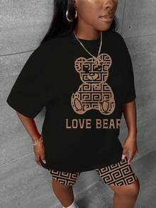 Slaydiva Set de 2 piezas para mujer de talla grande: Camiseta de cuello redondo con gráfico de oso LOVE y mallas cortas ajustadas, adecuado para el verano - Multicolor - Ver 5