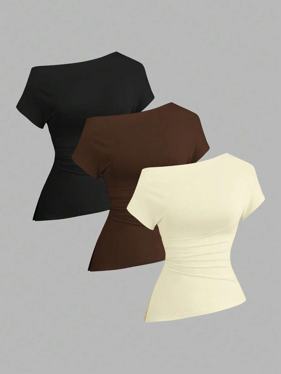 Sweetra Camiseta casual asimétrica de hombro para mujer - Multicolor - Ver 1