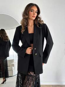 EURMUSE Women's Spring/Summer Jacket & Skirt Suit Set - Black - View 4