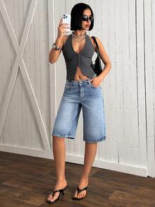 EURMUSE Quần short denim nữ thời trang, dáng casual, có túi xéo, thích hợp cho mùa hè. - Rửa trung bình - Xem 5