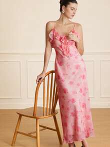 EMERY ROSE Pink Floral,Autumn,Elegant,Wedding Ninang Women's Long Dress,Digital Printed Patterns Flower Handcrafted Ruffled Edge Strapless Lining Dress - Multicolor - View 5