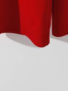 GlowEve Women's Red Knitted Textured Round Neck Cinched Waist Ruched Flared Design Elegant Niche Sense Luxury Shirt And Straight Leg Pants 2 Pieces Set, Spring/Summer - Red - View 5