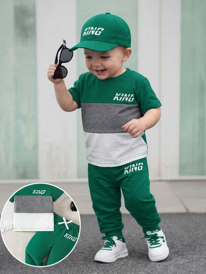 SHEIN Playful Pals 2pcs/Set Toddler Boys' Casual Color Block Letter Print Short Sleeve Round Neck T-Shirt And Elastic Waist Pants, Suitable For Children's Daily Casual Wear, Boys' Outfit, Autumn, Fits 3 Years Old Boy, Infant & Toddler Boys Clothing, Autumn Green Baby Boy Outfit Boys 2 Piece Set Baby Boy Casual Set Green 2 Piece For Baby Boy Toddler Jersey Set Baby Boy King Outfit